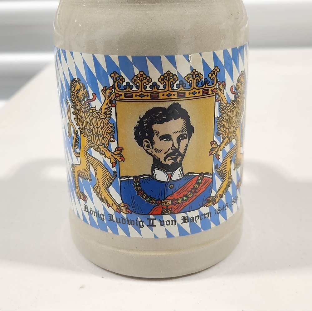 Decorative Bavarian Ceramic Stein with Blue and Gold Crest